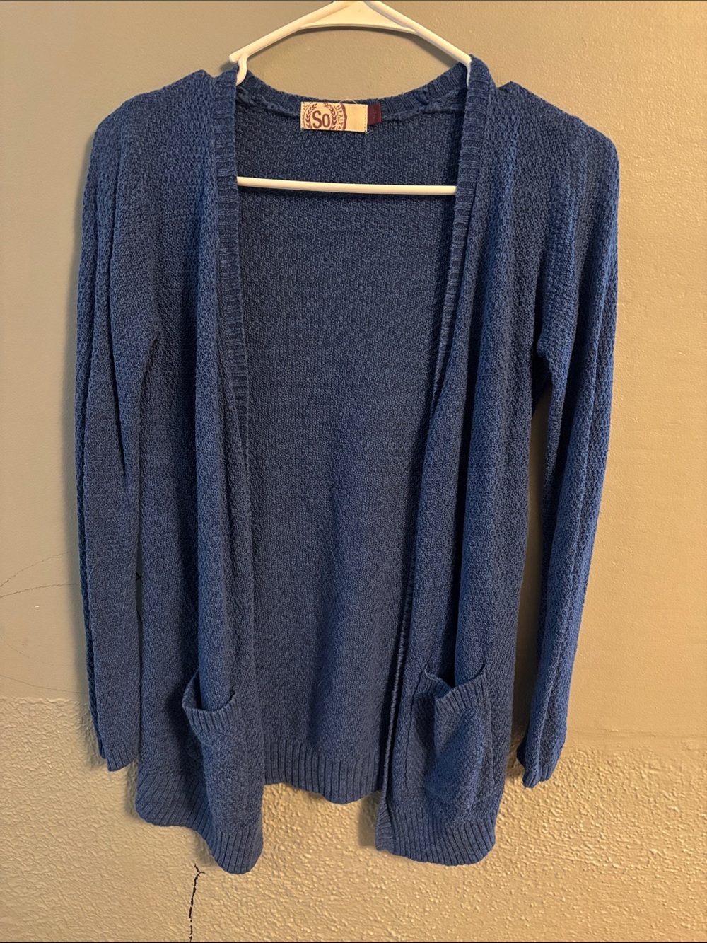 SO Open-Front Indigo Blue Knit Cardigan with Pockets